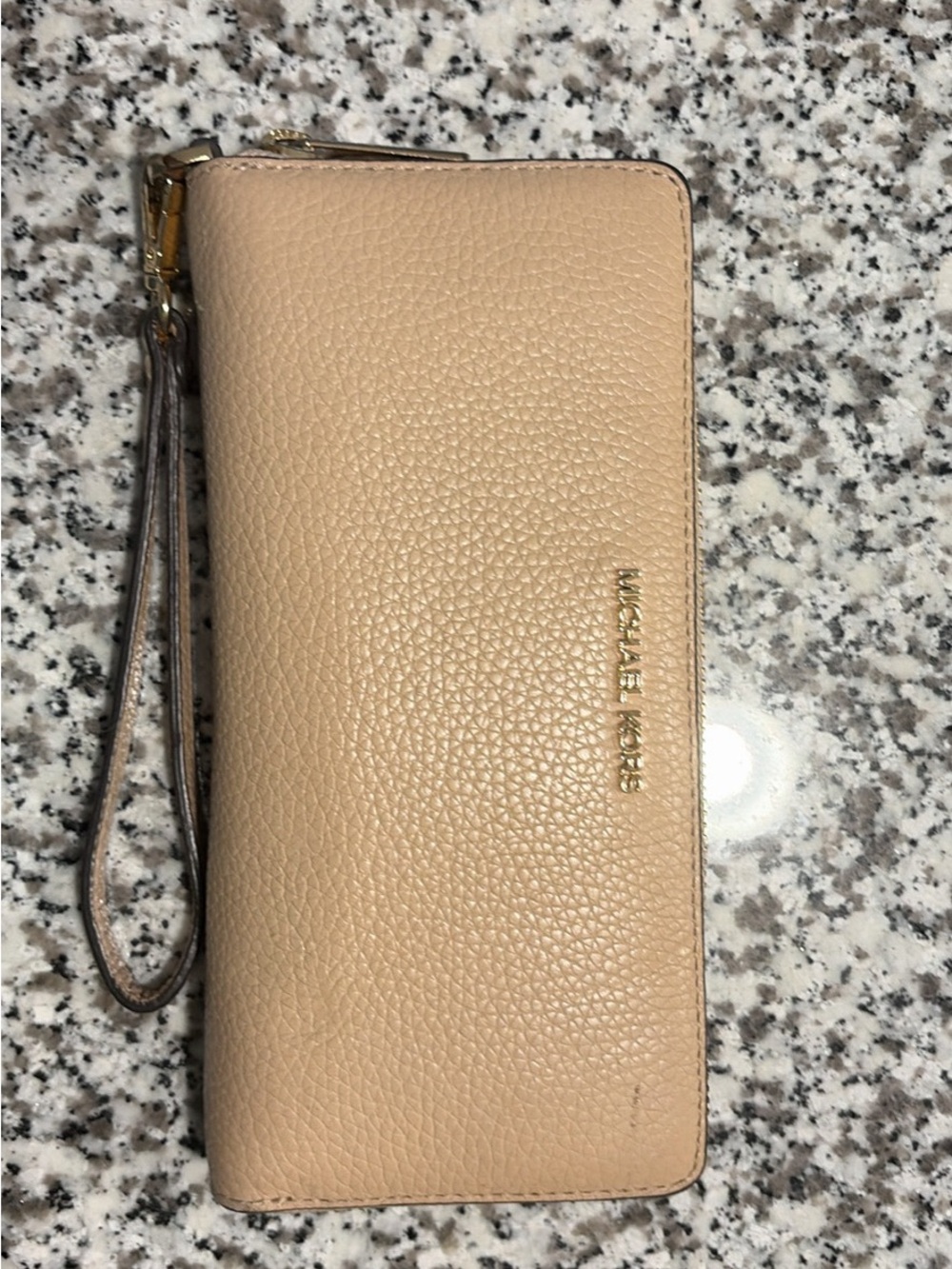 Michael Kors Beige Pebbled Leather Wristlet Wallet with Gold Logo